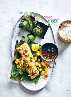 Coconut fish parcels with mango salsa
