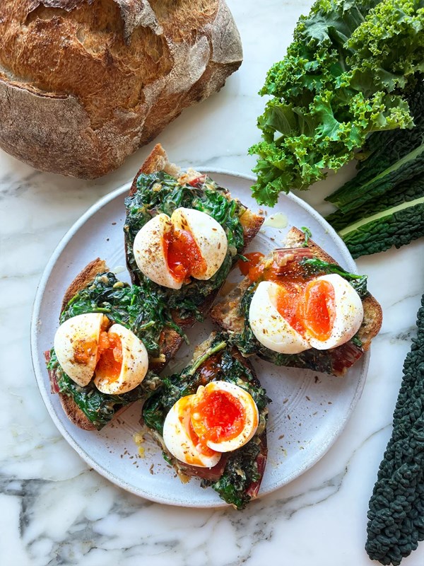 Coconut greens with Scotch bonnet and jammy eggs