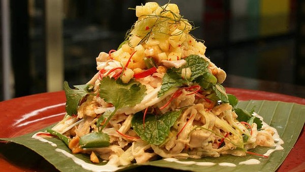 Coconut-grilled chicken with green mango salad and chilli jam