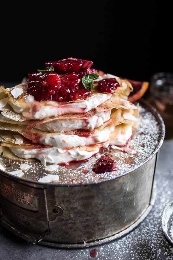 Coconut honey crepes with whipped mascarpone + blood orange compote