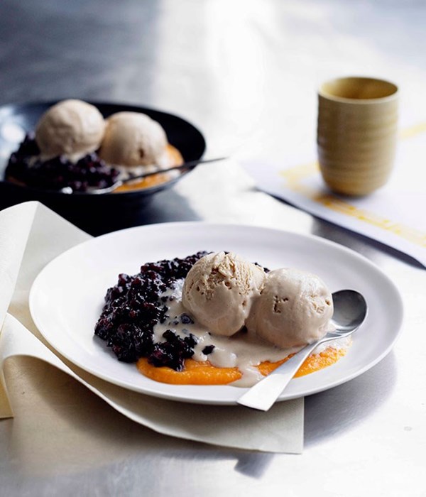 Coconut ice-cream, black glutinous rice and pumpkin sauce