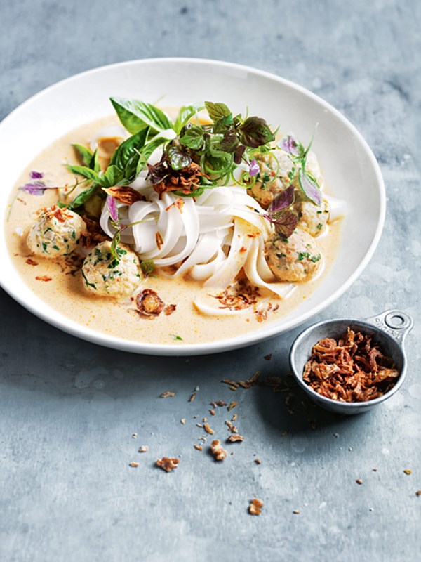 Coconut laksa with coriander fish balls