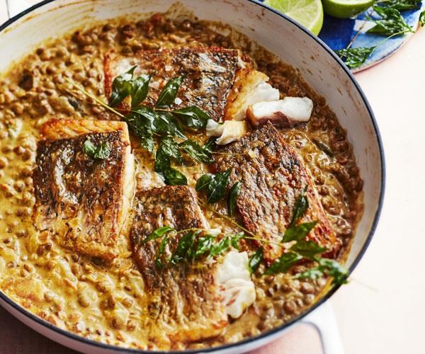Coconut lentil dhal with barramundi