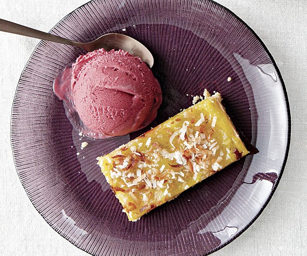 Coconut lime curd bars with blackberry ice cream