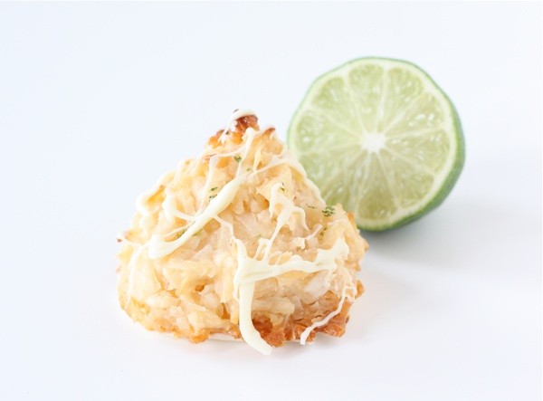 Coconut lime macaroons dipped in white chocolate