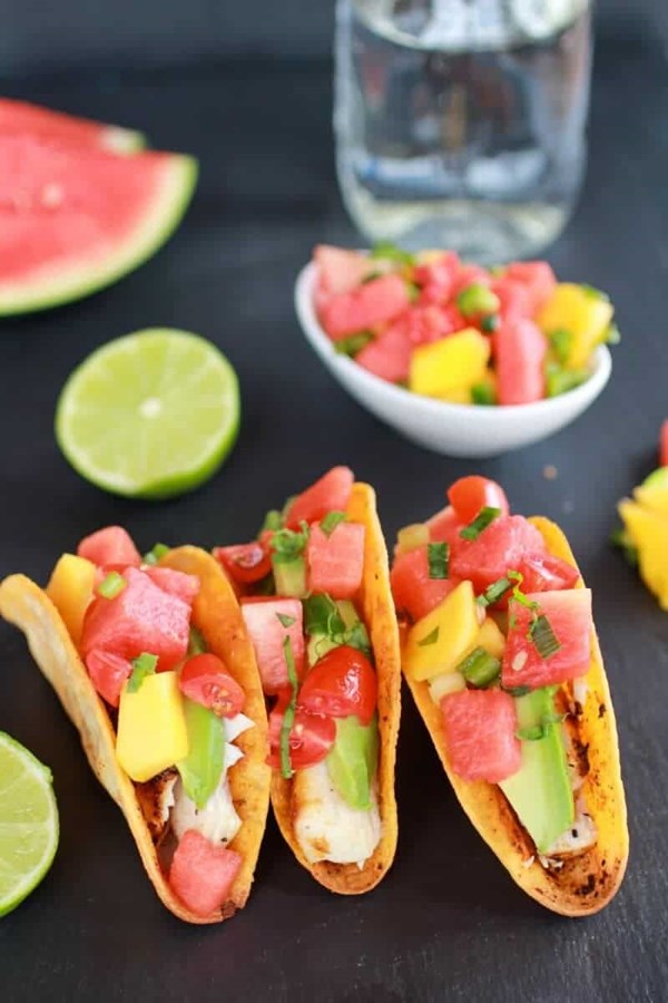 Coconut lime mahi mahi tacos with tequila soaked watermelon salsa