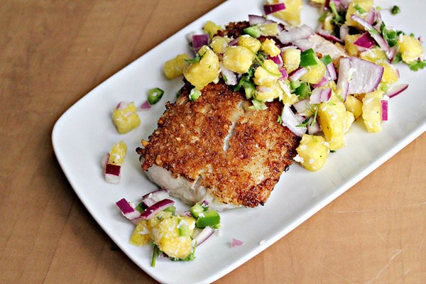 Coconut macadamia nut-crusted mahimahi with tropical salsa