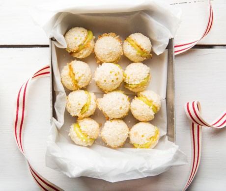 Coconut macaroon sandwiches with lime curd