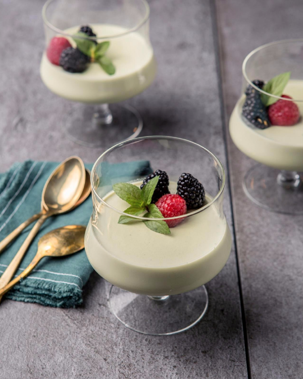 Coconut-matcha custard with berries