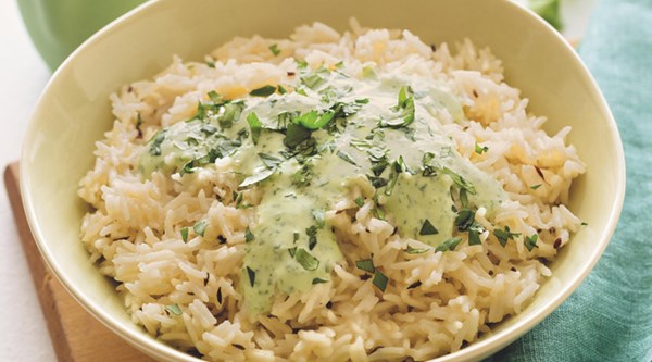 Coconut milk rice pilaf with cilantro sauce
