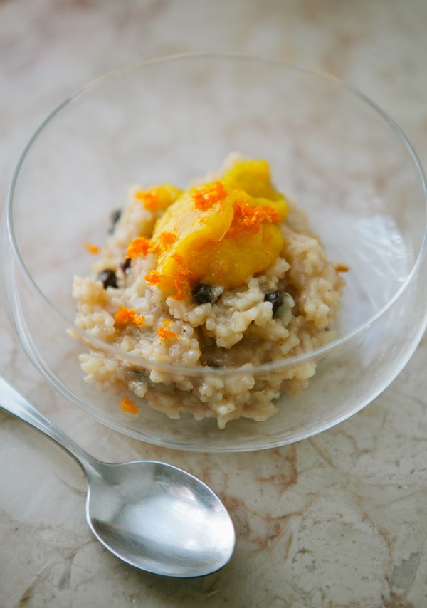 Coconut milk rice pudding with mango puree