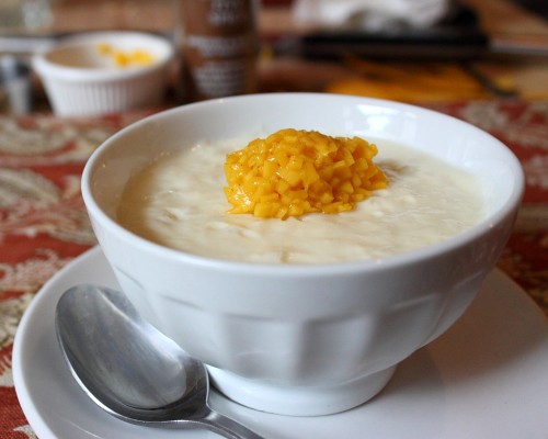 Coconut milk rice pudding with fresh mango