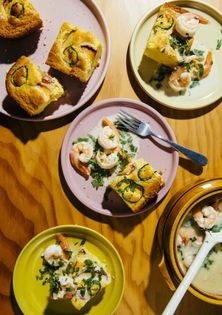 Coconut milk shrimp w/ jalapeño-peach cornbread