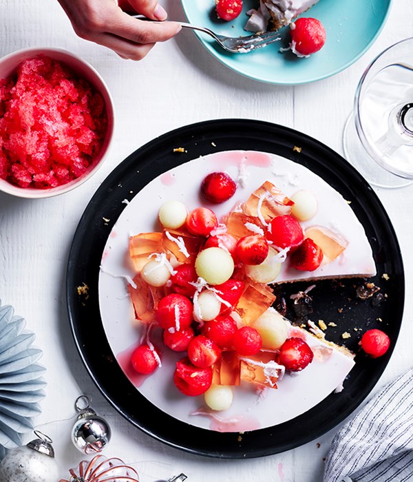 Coconut-muscovado cake with Moscato and watermelon