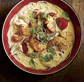 Coconut noodle soup with tea-smoked shrimp