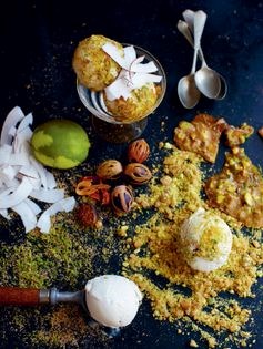 Coconut, nutmeg and pistachio ice cream crunch bombs