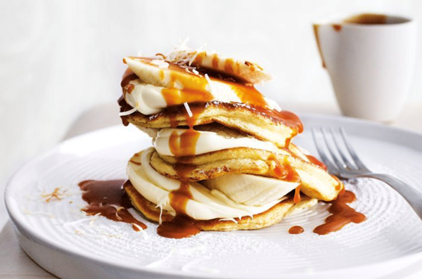 Coconut pancakes with banana and creme fraiche