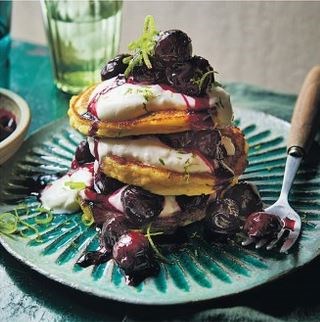 Coconut pancakes with cherry-lime compote