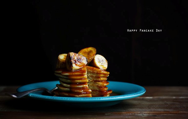 Coconut pancakes with grilled bananas and salted caramel rum sauce