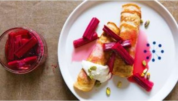 Coconut pancakes with rhubarb and whipped cream cheese