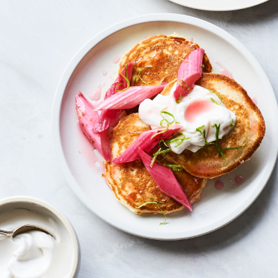 Coconut pancakes with roasted rhubarb and lime