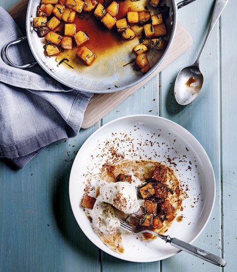 Coconut pancakes with rum-roasted pineapple