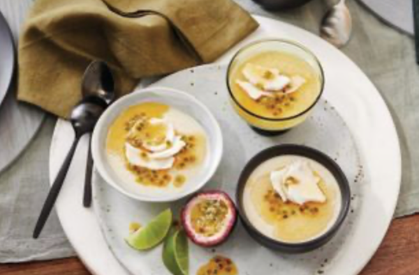 Coconut panna cotta with Riesling syrup and passionfruit [Merrick and Georgie Watts]