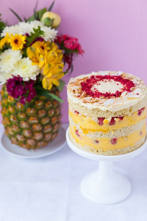 Coconut passion fruit raspberry layer cake