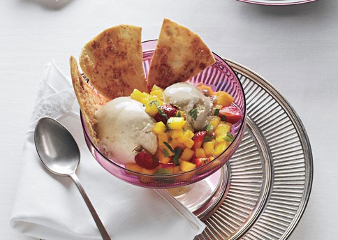 Coconut-piloncillo ice cream with coconut tortilla chips and fruit salsa