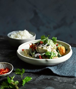 Coconut-poached barramundi with pumpkin and snake beans