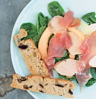Coconut-poached chicken, prosciutto, melon, croutons and spinach 