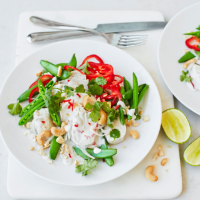 Coconut-poached chicken with pepper and sugar snap peas