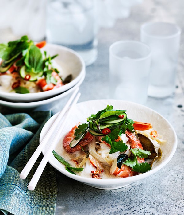 Coconut-poached prawns, rice noodles and Asian herb salad