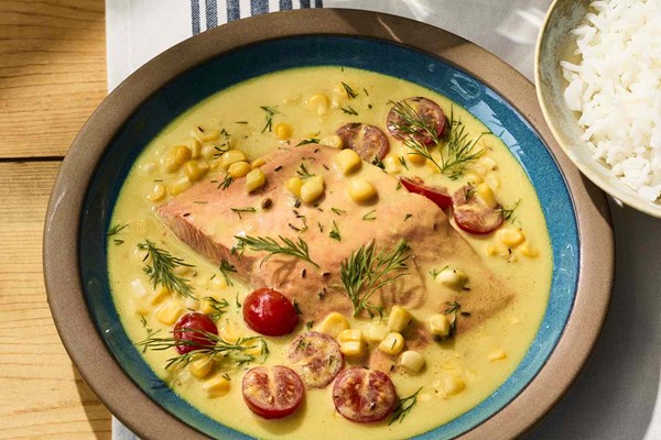 Coconut-poached salmon with corn and dill