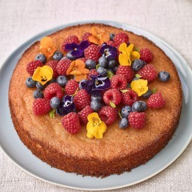 Coconut polenta cake with honey syrup and berries