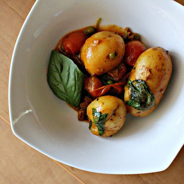 Coconut potato curry with basil and cashews