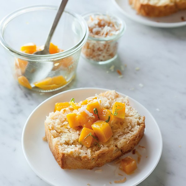 Coconut pound cake with mango-lime topping