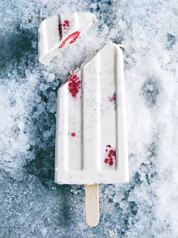 Coconut, raspberry and chia popsicles