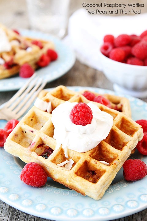 Coconut raspberry waffles with coconut whipped cream