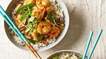 Coconut rice bowls with shrimp and vegetables