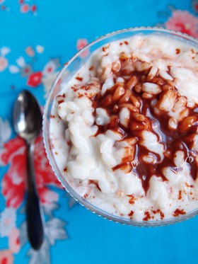 Coconut rice pudding with chocolate sauce