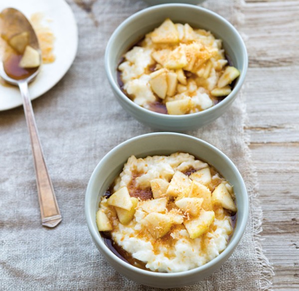 Coconut rice pudding with gingered pears