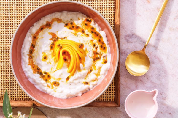 Coconut rice pudding with mango and passionfruit