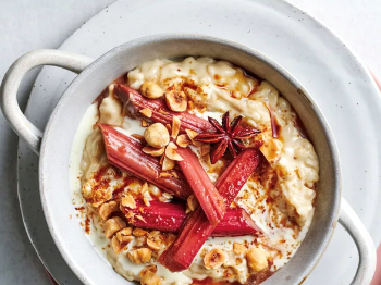 Coconut rice pudding with star anise and rhubarb