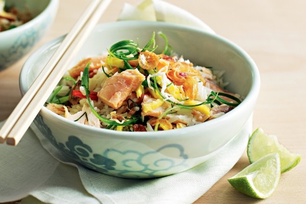 Coconut rice with hot-smoked trout