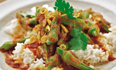 Coconut rice with sambal and okra