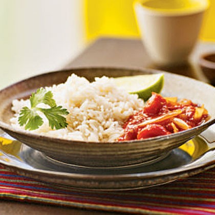 Coconut rice with spicy tomato sauce (Nasi lemak with sambal tomat)