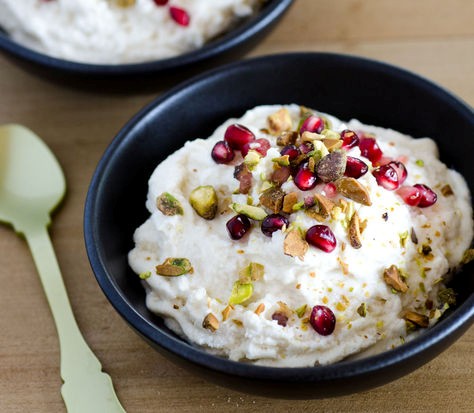 Coconut-ricotta mousse with pistachio and pomegranate