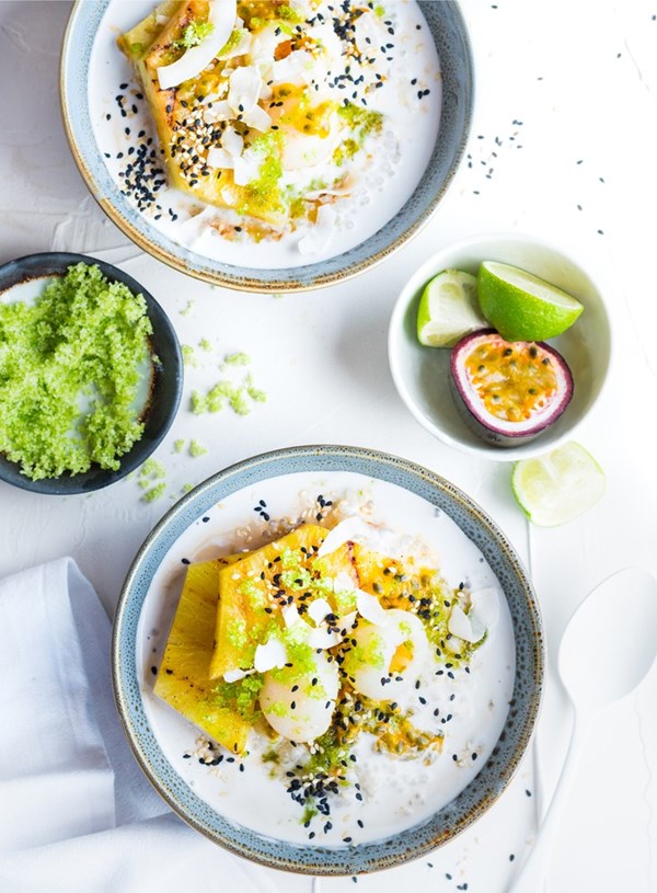 Coconut sago with fresh fruit and sesame seeds