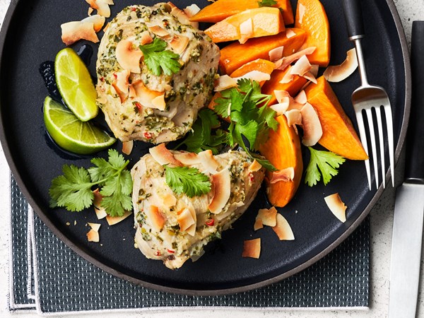 Coconut-scented chicken with sweet potatoes